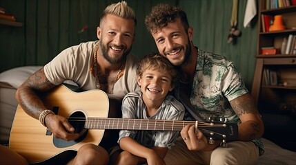 Male gay couplle family with a child smiling in the living room having a good time the three together sitting on the floor playing, kid with two fathers, fathers day LGBT
