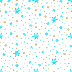 Fototapeta na wymiar Watercolor seamless pattern with blue snowflakes and golden balls. 