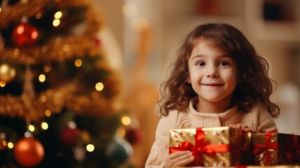 Happy kid playing at home in christmas and new year holiday comeliness