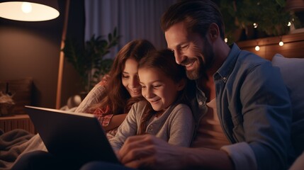 Photo of happy family watching together video online in a laptop while sitting comfortably at home