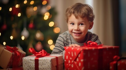 Happy kid playing at home in christmas and new year holiday comeliness