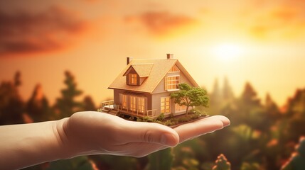 Precious home on the hands, real estate investment and housing architecture and sunset background - obrazy, fototapety, plakaty