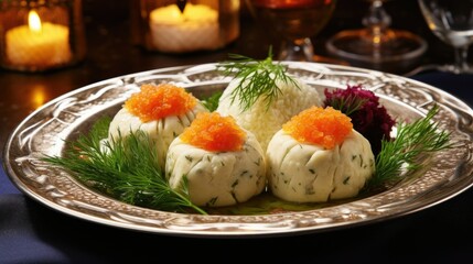 On a vintage platter is Gefilte fish, traditional Jewish cuisine featuring poached fish patties served with vibrant horseradish. represents a cherished aspect of Jewish culinary heritage.