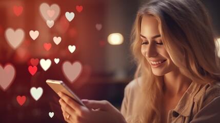 Single woman looking for man on online dating app. Young girl holding mobile phone, looking at profile pictures of male candidates. - obrazy, fototapety, plakaty