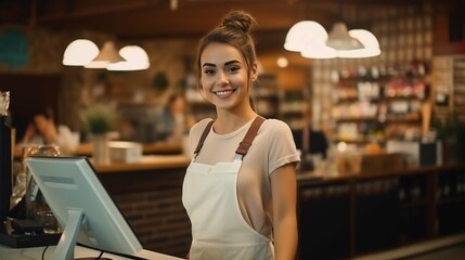 Beautiful young woman working at the counter of grocery shop. Pretty girl at the cash register. Employment options for young adults.