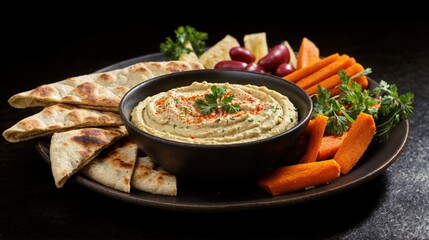 Traditional hummus, with a drizzle of olive oil and a sprinkle of paprika. Surrounding the creamy dip are colorful, freshly cut vegetables and warm pita bread, in this classic Middle Eastern delight.