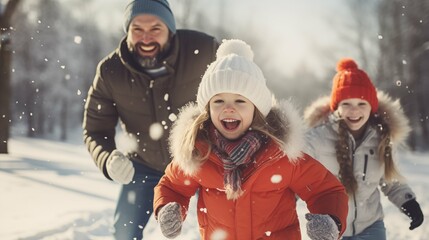 Family enjoying snowy vacation with playful snowball fight copy space image