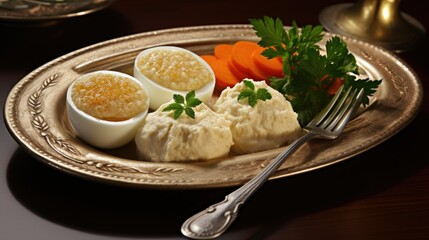On a vintage platter is Gefilte fish, traditional Jewish cuisine featuring poached fish patties served with vibrant horseradish. represents a cherished aspect of Jewish culinary heritage.