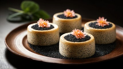 On a minimalist plate, small kuzu and black sesame flans, with the hazelnut aroma they contain. Garnished with black sesame seeds.
