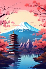 Illustration japan temple or asian pagoda and fuji mountains in the backround. Generative ai