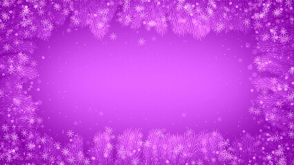 beautiful pink Christmas decoration illustration with pine tree leaves and floating snow particles.