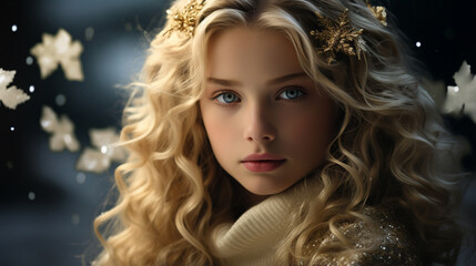 Fototapeta premium Golden snowflakes descend, a winter's gilded grace. Festive magic, a seasonal embrace. Christmas dreams in gold's embrace.