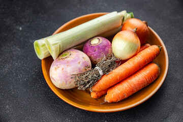 vegetable broth set leek, carrot, celery, turnip, herbs fresh  healthy eating cooking  meal food snack on the table copy space food background rustic top view