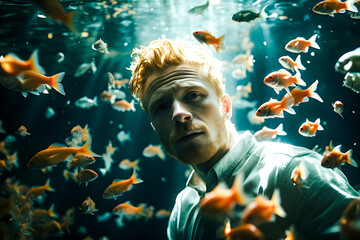 Homme dan l'eau avec des poissons rouges, scène surréaliste - obrazy, fototapety, plakaty