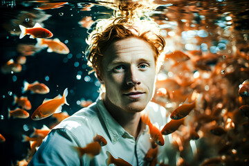 Homme dan l'eau avec des poissons rouges, scène surréaliste - obrazy, fototapety, plakaty