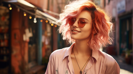 Non binary smiling confident soft girl from Gen Z generation wearing bright casual suit and sunglasses, Peach Fuzz coloured hair, thinking of mental health walking on the cozy medieval alley - obrazy, fototapety, plakaty