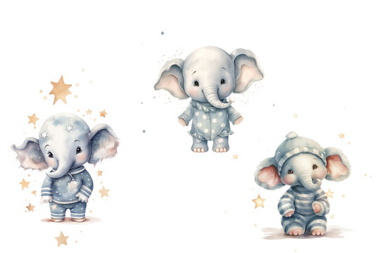 3 bébés éléphants en pyjama sur fond blanc, avec des étoiles dorées, peinture aquarelle dessin chibi pour livre pour enfant. Dessins enfantins