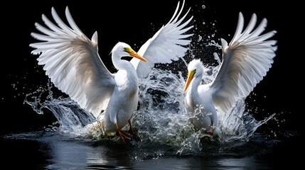 Grandes aigrettes ouvrant leurs ailes dans l'eau
