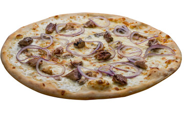 Pizza with with pieces of tuna fish and white cream sauce. Fish pizza - 691109846