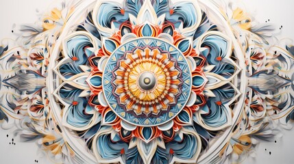 an intricate mandala design, its radiant colors and delicate patterns meticulously arranged on a white surface, invoking a sense of balance, harmony, and inner peace.