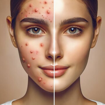 Face of a young woman before and after acne treatment. Cosmetology procedure. Youth and beauty concept. Skin care. Perfect skin and skin with acne. Plain background. Generative AI