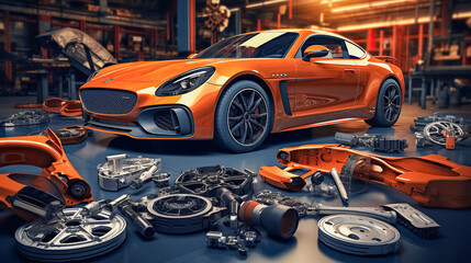 Obraz premium Orange sports car in the auto repair shop. 3D rendering.