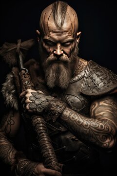 Scandinavian Viking warrior holding an ax and a shied . Generative ai