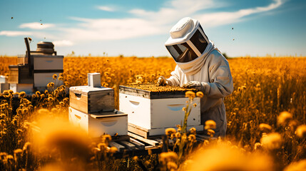Apiculteur en combinaison récupérant le miel dans la ruche avec des abeilles volant autour de lui - obrazy, fototapety, plakaty