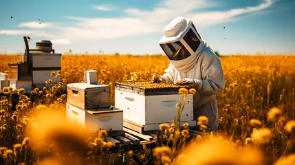 Fotobehang Apiculteur en combinaison récupérant le miel dans la ruche avec des abeilles volant autour de lui © Concept Photo Studio