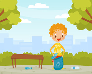 Obraz na płótnie Canvas Little Boy Collect Garbage Care of Planet and Nature Vector Illustration