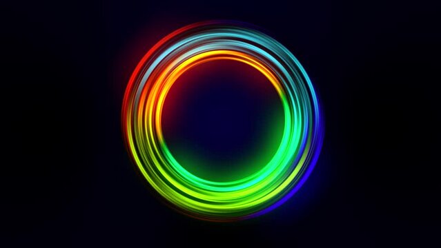 Neon circle lights abstract background for colorful vortex concept. Bright shiny round border for presentation slide. 4K.