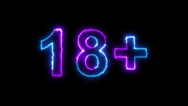 16, 18, 21 plus Glowing neon text , glowing neon sign in blue and pink colors.