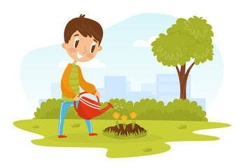 Little Boy Plant Tree Care of Planet and Nature Vector Illustration