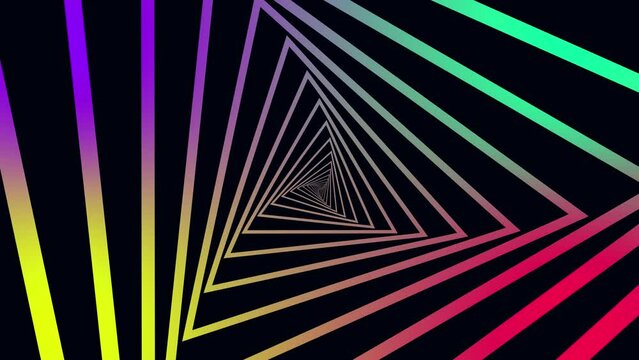 Flying through a tunnel of neon rainbow pentagons glowing with fluorescent light. Motion design mockup for overlay effect.