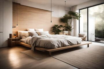 A serene bedroom with a comfortable bed, soft lighting, and minimalist decor