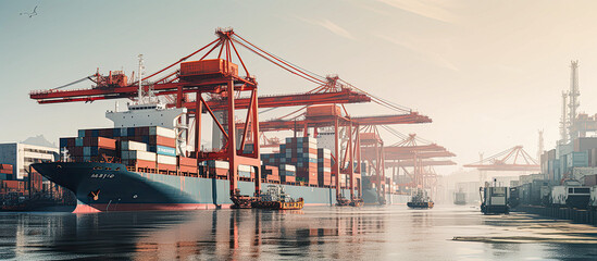 background, logistic, shipping, transportation, cargo, trade, transport, export, import, commerce. the most global shipping operations ship boat cargo container and crane on ocean background. - obrazy, fototapety, plakaty