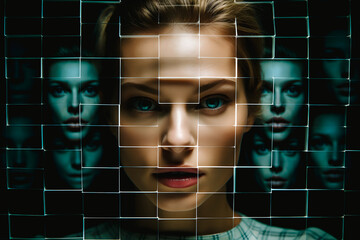 Technologie de reconnaissance faciale, reconstitution d'un visage d'après des données - obrazy, fototapety, plakaty
