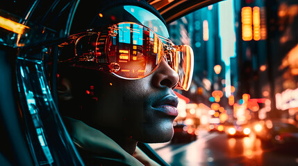 Homme noir avec des lunettes de soleil dans un univers futuriste - obrazy, fototapety, plakaty