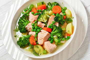 salmon, veggies and green herbs soup in bowl