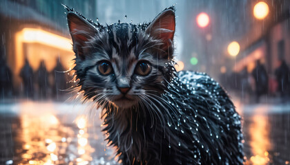Cute little kitten standing in the rain on a rainy day.