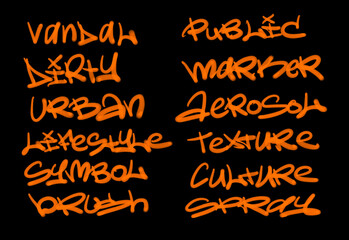 Collection of graffiti street art tags with words and symbols in orange color on black background