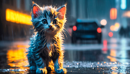 Cute little kitten standing in the rain on a rainy day.