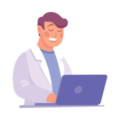 Man at Laboratory Work at Laptop Conduct Experiment Vector Illustration