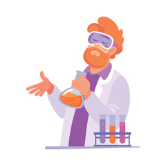 Bearded Man at Laboratory with Flask Conduct Experiment Vector Illustration