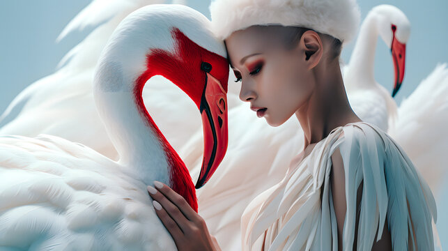Tendresse entre une jeune femme et un  flamand rose