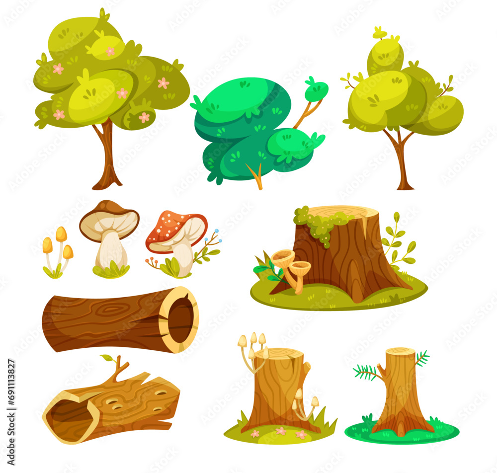 Poster forest element and object with tree, stump, log and mushroom vector set