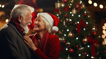 Happy elderly couple in love celebrate Christmas and New Year against the background of a Christmas tree.