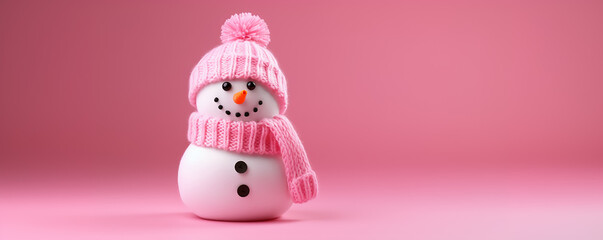 Cute knitted snowman in a hat and scarf on an isolated pink background with copyspace. Header for a website.