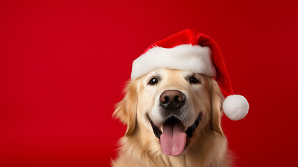 Cute happy golden retriever wearing santa hat on red isolated background with copyspace.