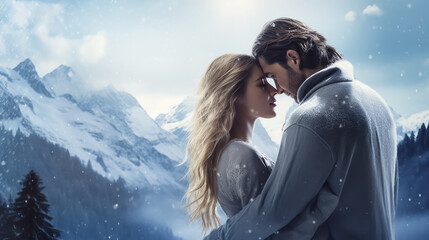 Happy young couple in love against the backdrop of Mountain winter snowy landscape. Close-up shot. - Powered by Adobe